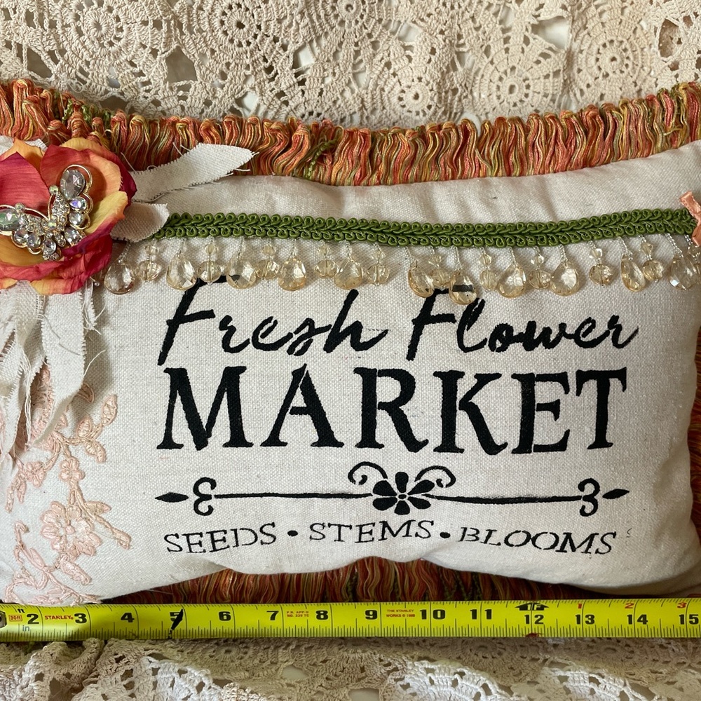 Handmade Small Pillow Upcycled Flower Market Butterfly Motif Indoor Outdoor - Picture 2 of 5